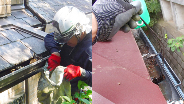 雨樋のゴミや枝葉を除去する際はゴム手袋をつけ針金で掻き出すように取っていく