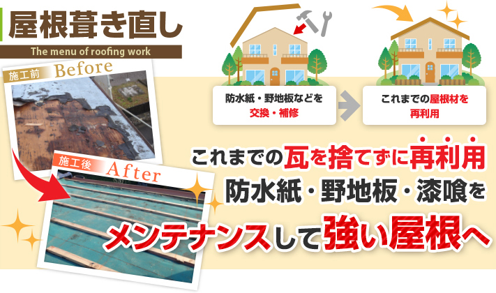 これまでの瓦を再利用して屋根を葺き替える屋根葺き直し