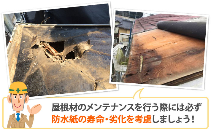 防水紙の劣化／野地板腐食イメージ