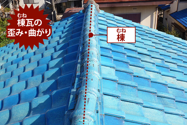 棟瓦の歪みや曲がり落込み