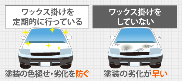 ワックス掛けを定期的に行っている自動車は塗装の色褪せ・劣化を防ぎますが、ワックス掛けをしていない車は塗装の劣化が早い